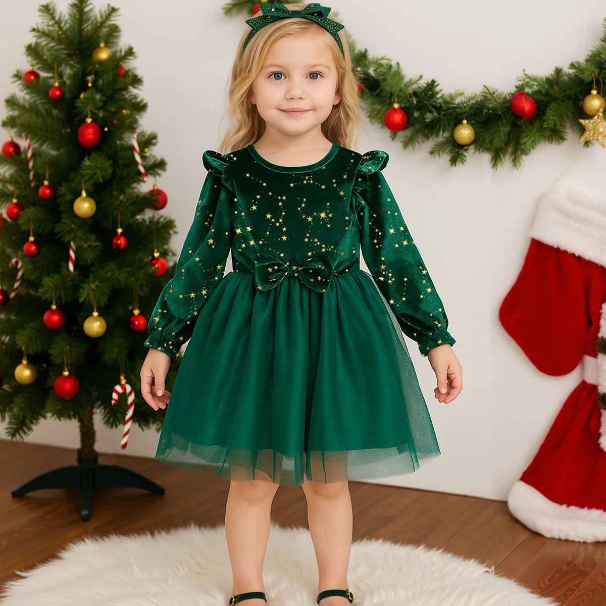 Girl Dress Autumn Winter Velvet Long Sleeved Mesh Bow Princess Dress Children's New Year Children Party Festive Dress For Girl