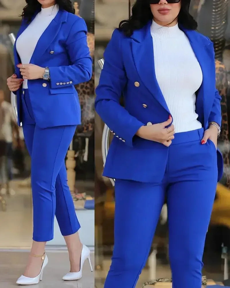 2025 Spring Autumn Two Piece Set Women Office Tracksuits For Ladies Outfits Lapel Collar Double Breasted Blazer Suit Pants Set
