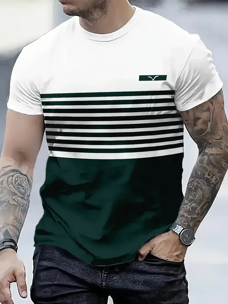 Summer Classic Men's T-shirt Outdoor Round Neck Short Sleeve Top Stripe Print Street Loose T-Shirt Male Oversized Clothing