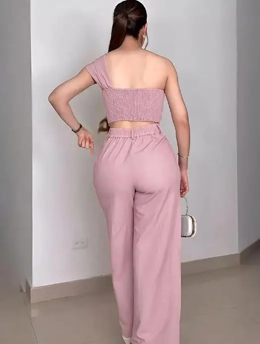 Summer Sloping Collar Decal Decoration Short Sleeveless Top and High Waist Wide Leg Pants Set for Women's Elegant 2-Piece Set