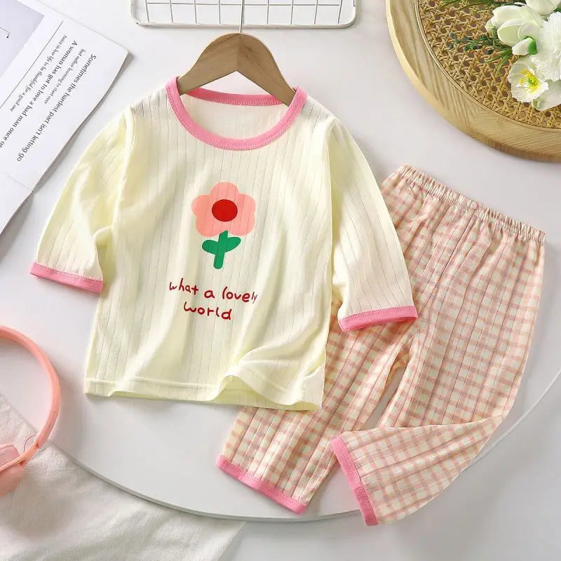 Babies Cartoon Sleepwear 2pcs Summer Wear Thin Soft Loose Home Clothes Sets Infant Girls Seven-point Sleeve Tops Pajama Pants