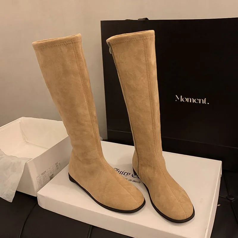 Comemore Long Boots Women's Shoes 2025 New Autumn and Winter Solid Color Botas Flat Bottom Round Head Knee High Boots for Women