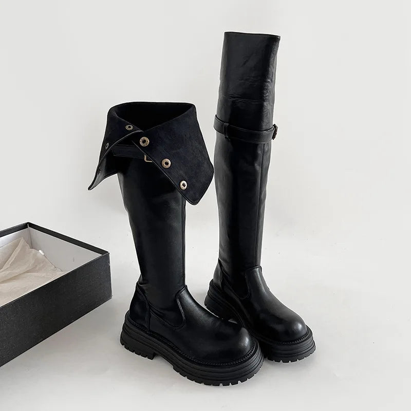 Over-the-Knee Boots2025Autumn and Winter New Retro British Style Chunky Heel Platform Boots Women's Tube Skinny Boots