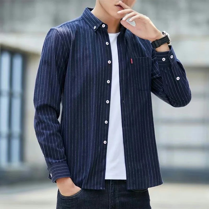 Oxford Cloth Long Sleeve Casual Shirt Thin Summer Men's Fashion Striped Shirt Versatile Loose Fit Sharp Collar Wool Blend