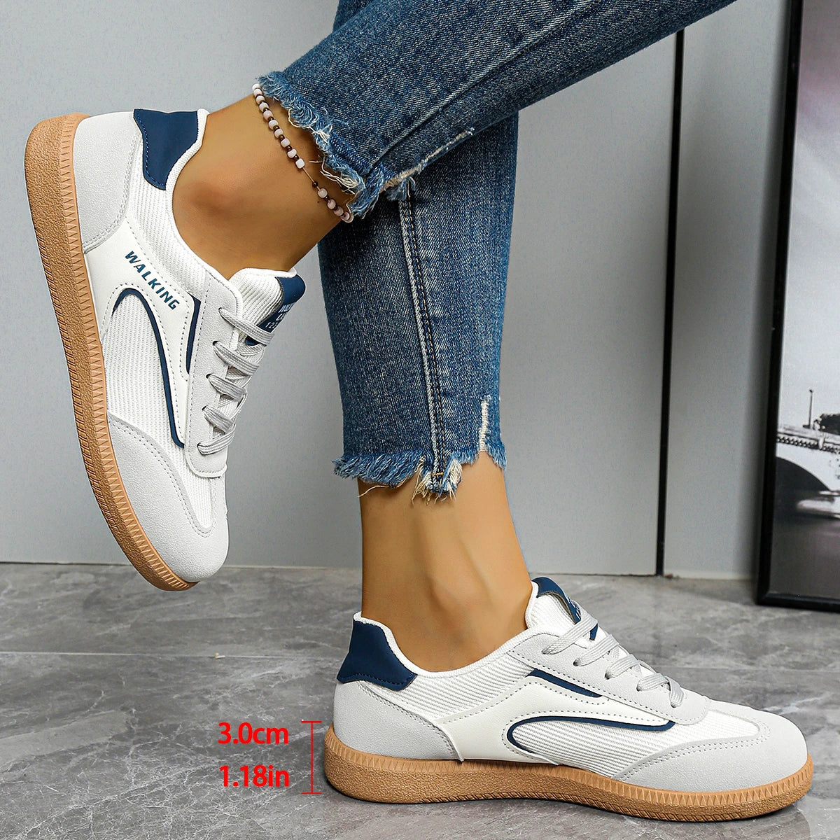 White Shoes for Women, Comfortable and Casual, Flat-Soled, Round-Toe, Lace-Up Women's Shoes, All-Season Color-Blocked Single Shoes