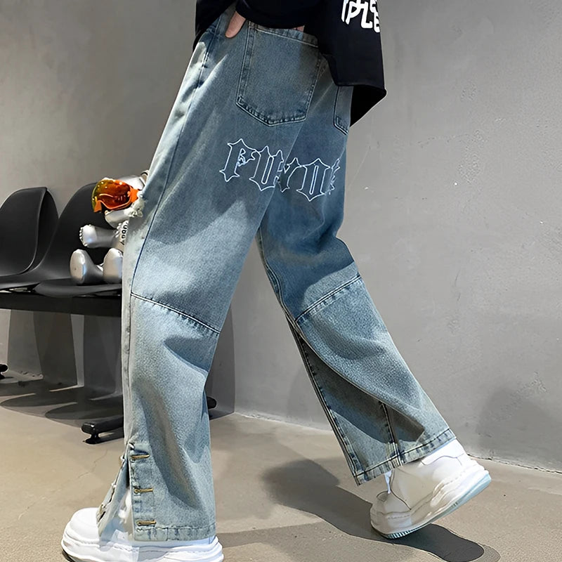 Men's Letter Embroidered Hip Hop Loose Jeans Casual New Broken Holes Streetwear Straight Denim Trousers Male Y2K Baggy Jeans