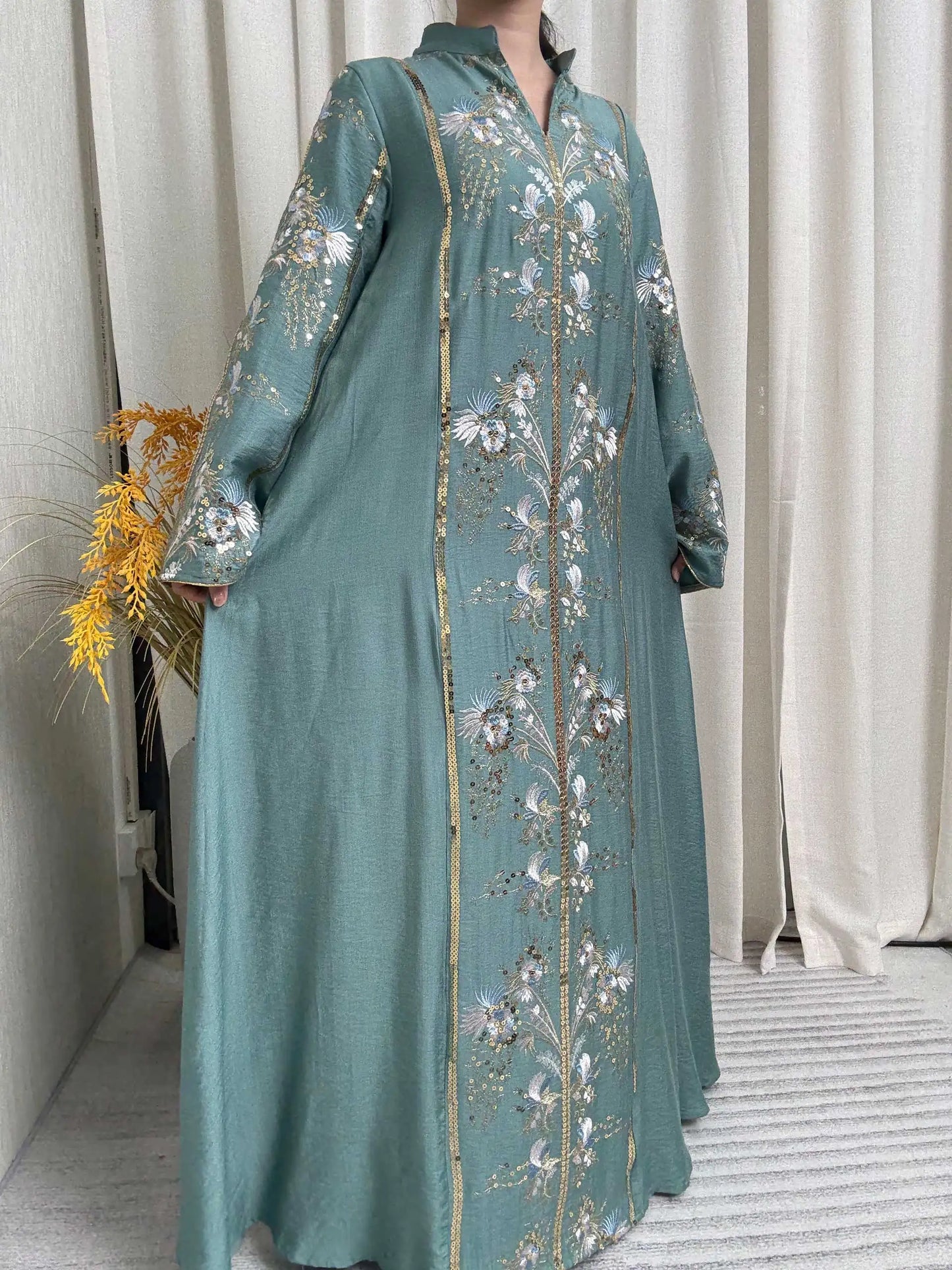 2025 Teal Muslim Abaya with Stand Collar and Exquisite Floral Embroidery Ideal for Islamic Festivities and Ramadan Celebrations