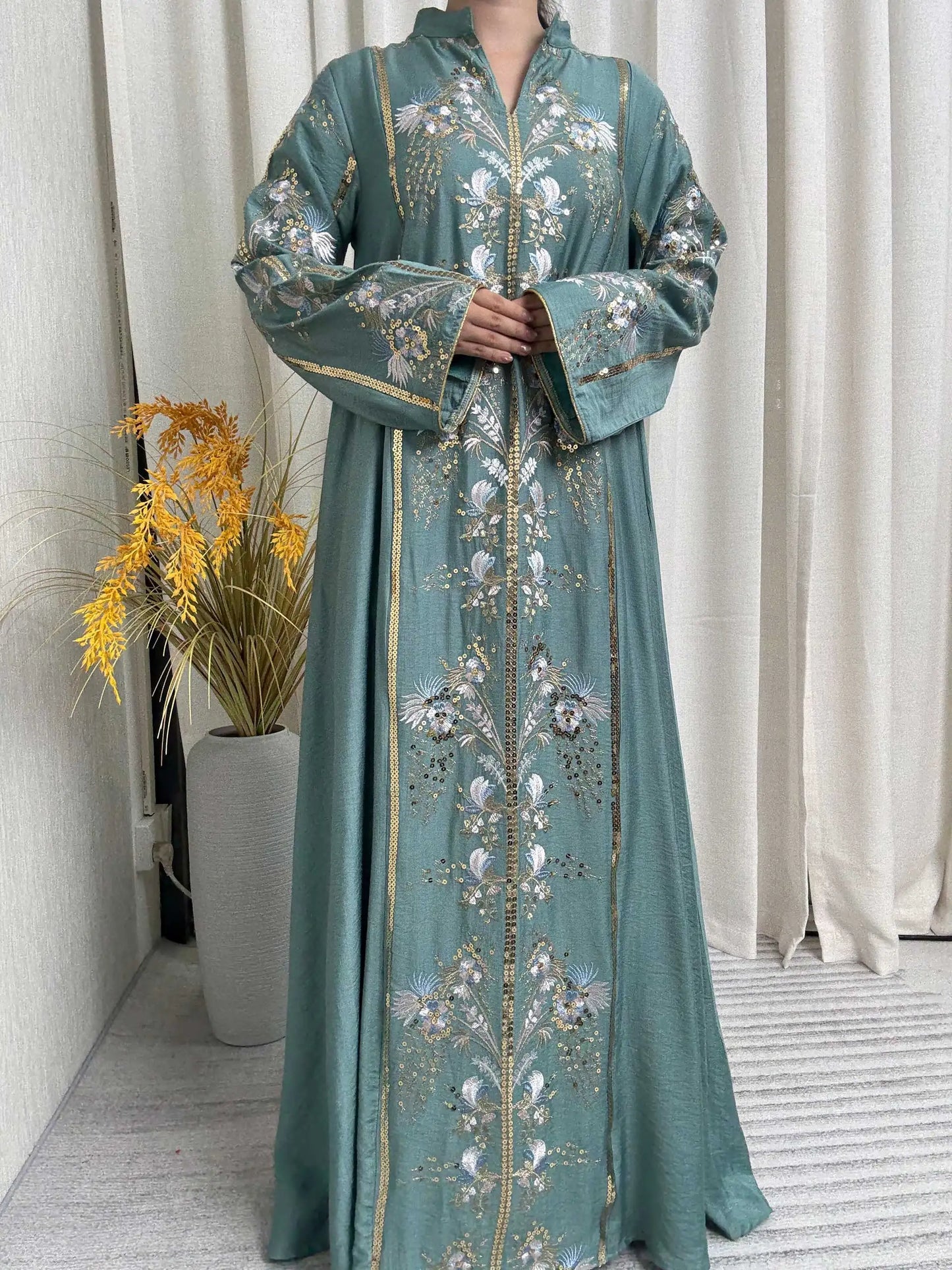 2025 Teal Muslim Abaya with Stand Collar and Exquisite Floral Embroidery Ideal for Islamic Festivities and Ramadan Celebrations