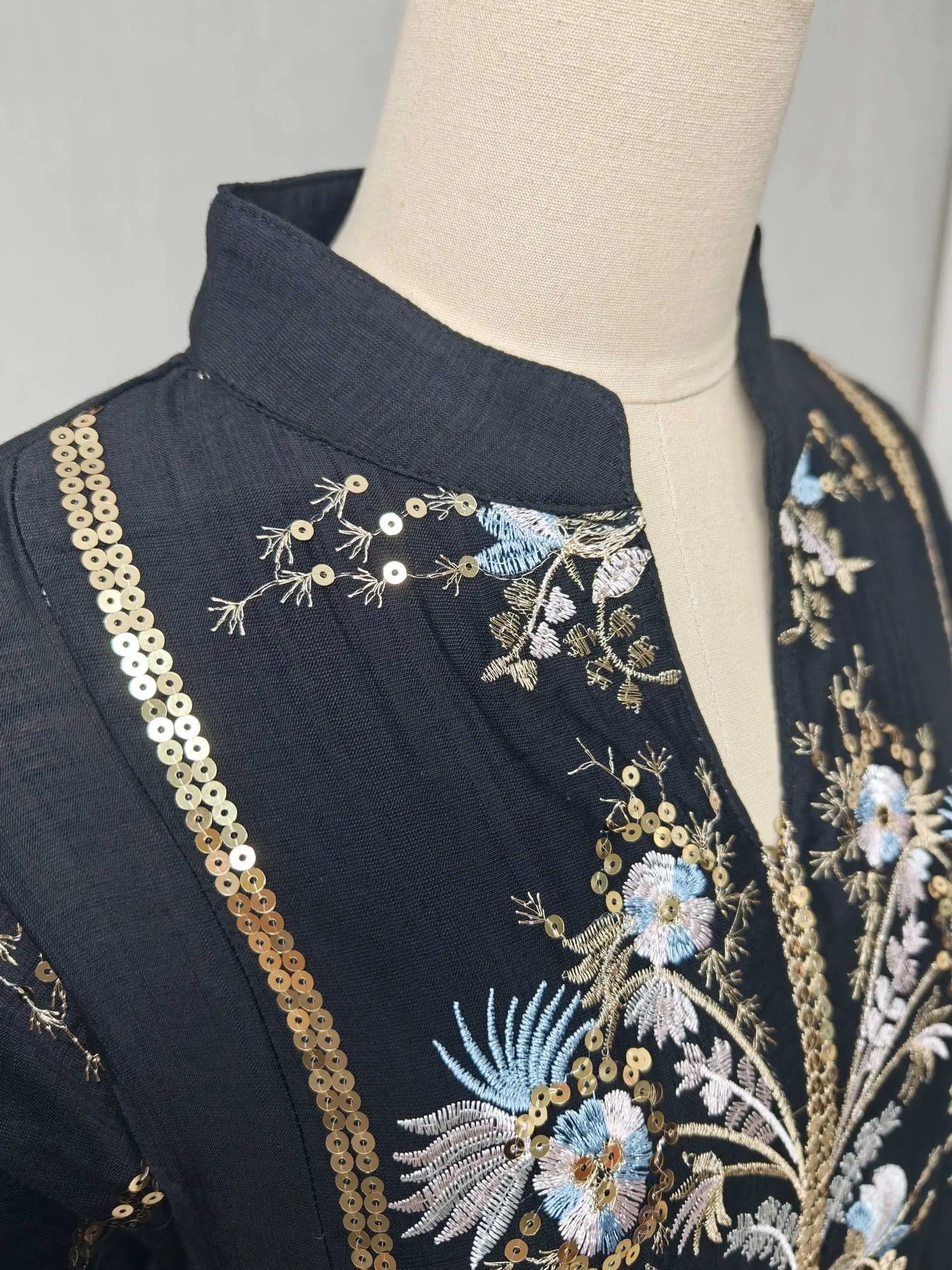 2025 Teal Muslim Abaya with Stand Collar and Exquisite Floral Embroidery Ideal for Islamic Festivities and Ramadan Celebrations