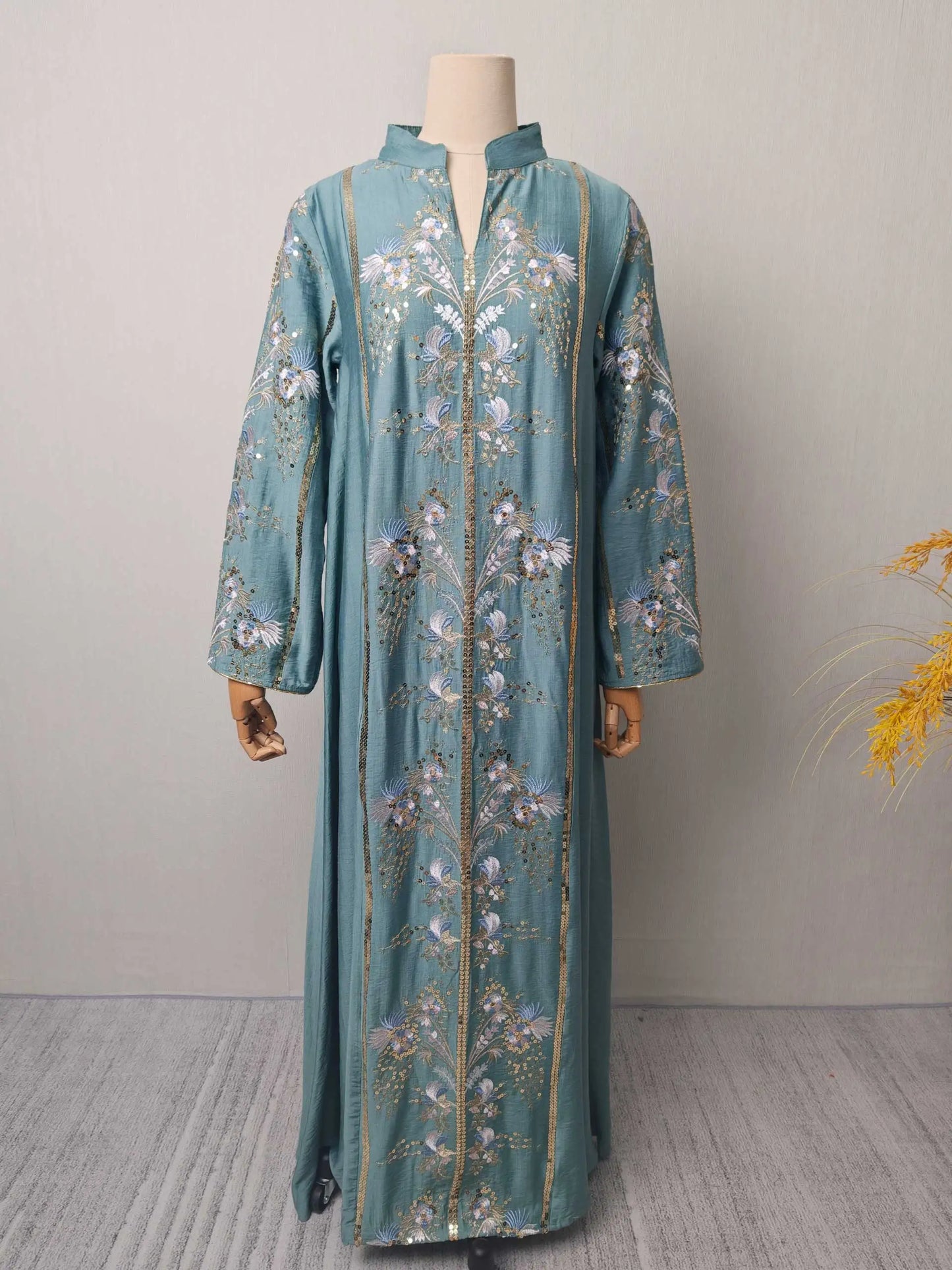 2025 Teal Muslim Abaya with Stand Collar and Exquisite Floral Embroidery Ideal for Islamic Festivities and Ramadan Celebrations