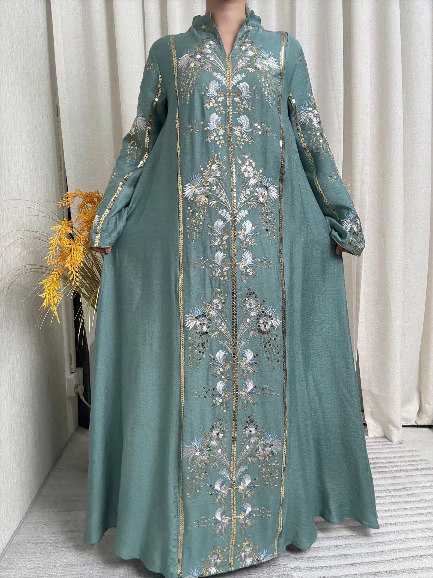 2025 Teal Muslim Abaya with Stand Collar and Exquisite Floral Embroidery Ideal for Islamic Festivities and Ramadan Celebrations