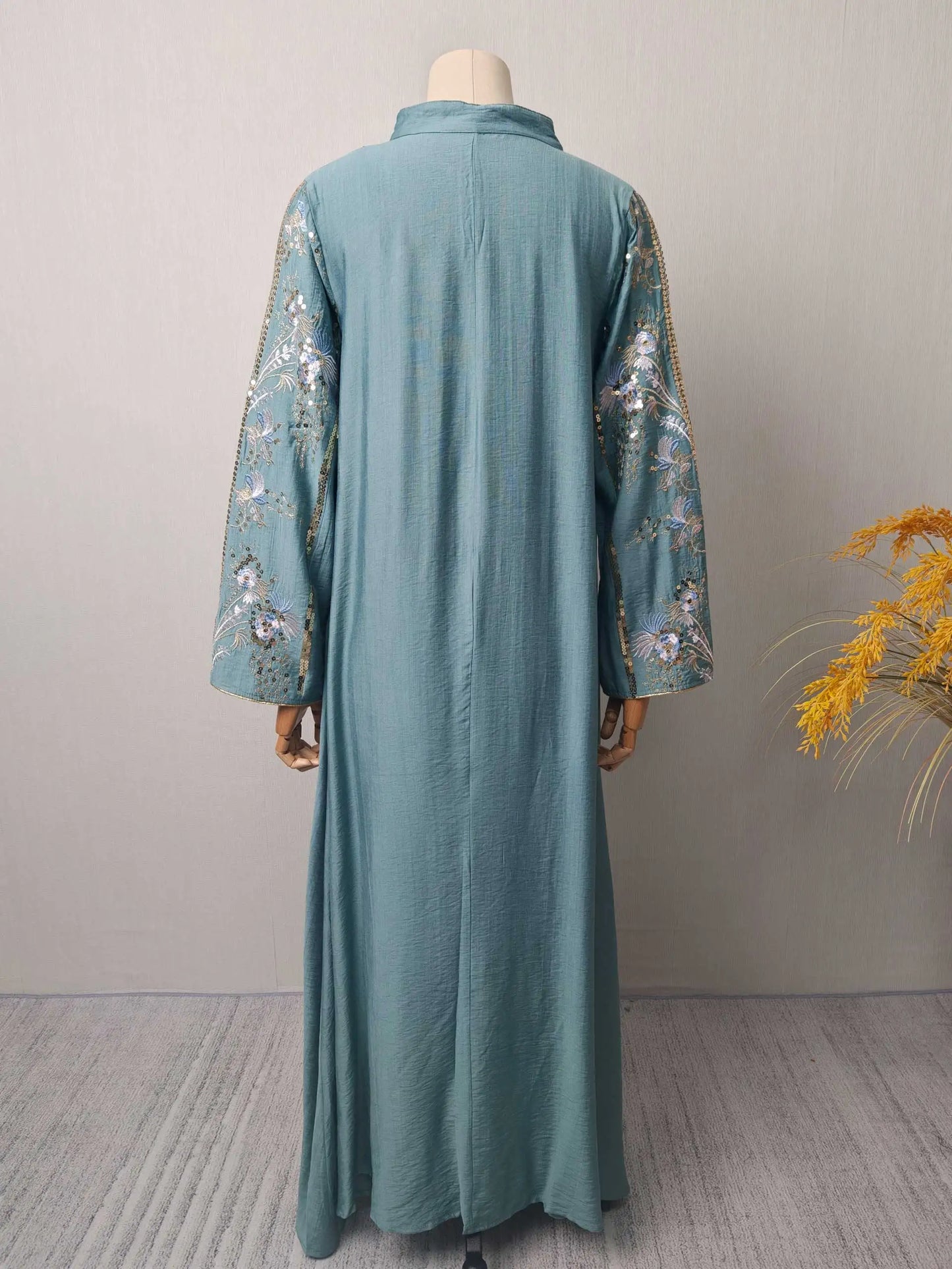 2025 Teal Muslim Abaya with Stand Collar and Exquisite Floral Embroidery Ideal for Islamic Festivities and Ramadan Celebrations
