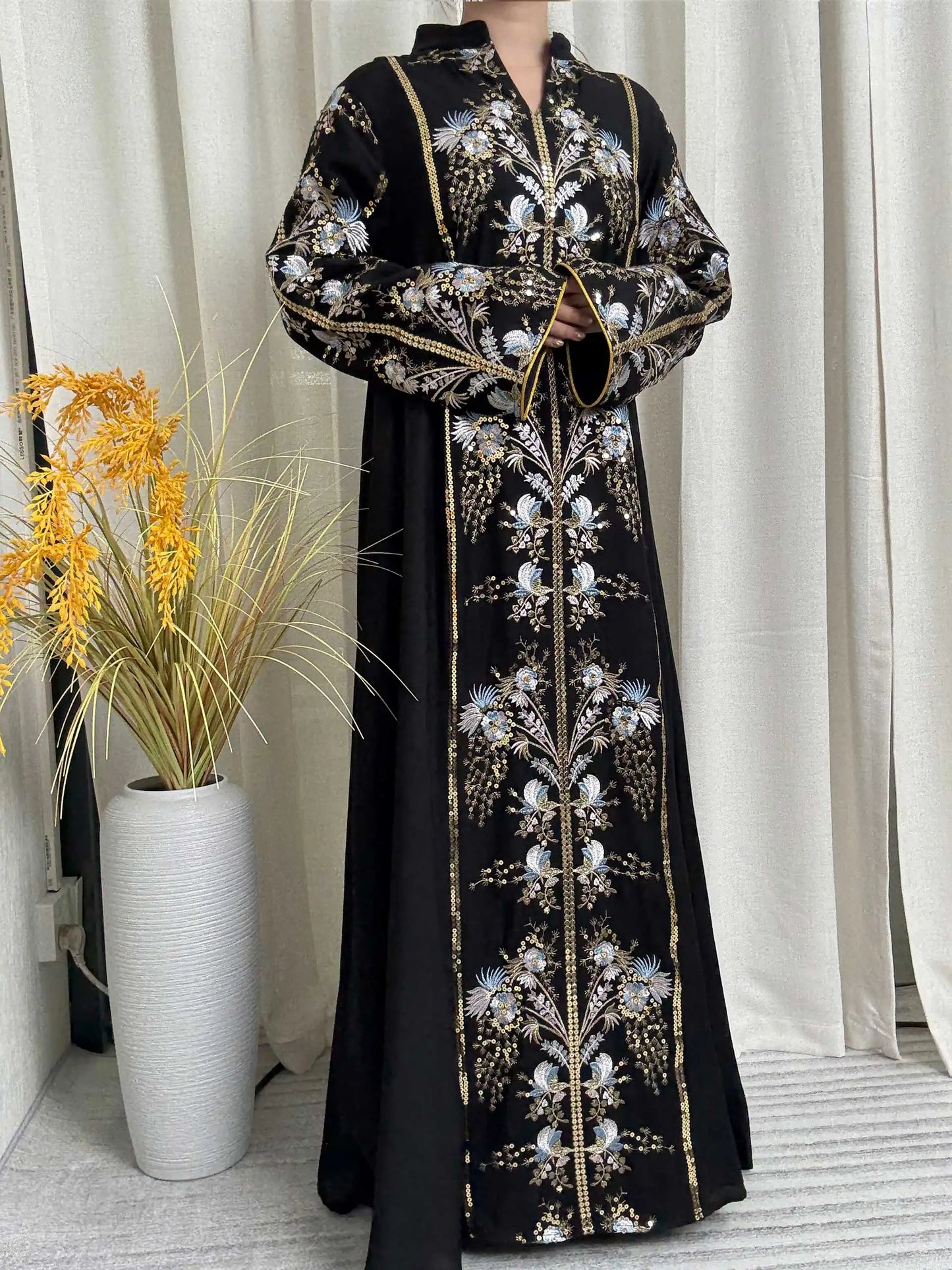 2025 Teal Muslim Abaya with Stand Collar and Exquisite Floral Embroidery Ideal for Islamic Festivities and Ramadan Celebrations