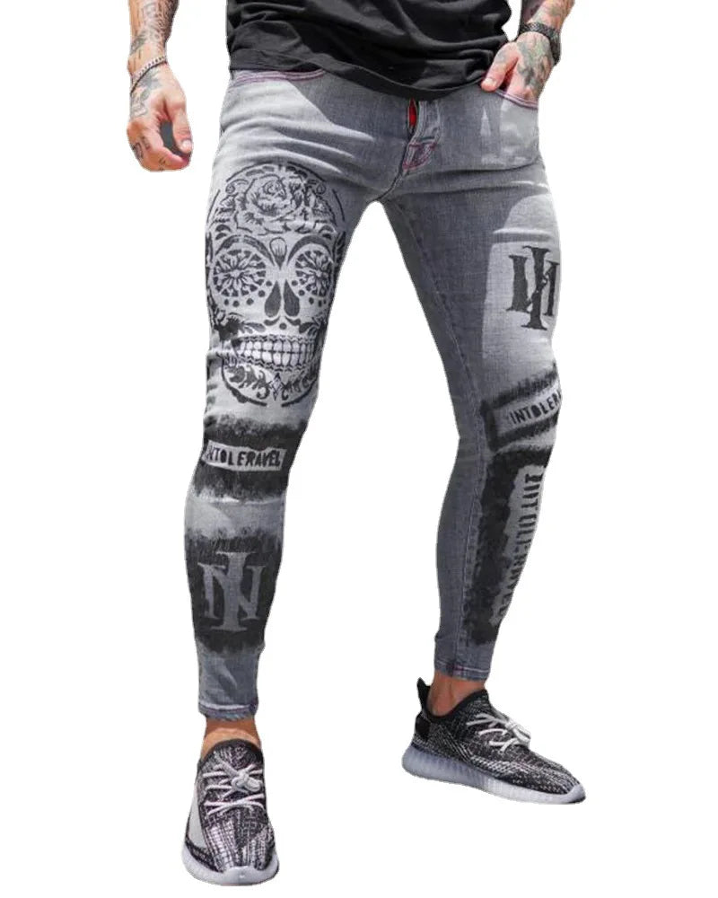 Trendy Men's Stretch Jeans Casual Pants Slim Printed Gray Jeans Men Fashion Printed Jeans Men Pencil Pants Skinny Jeans Men