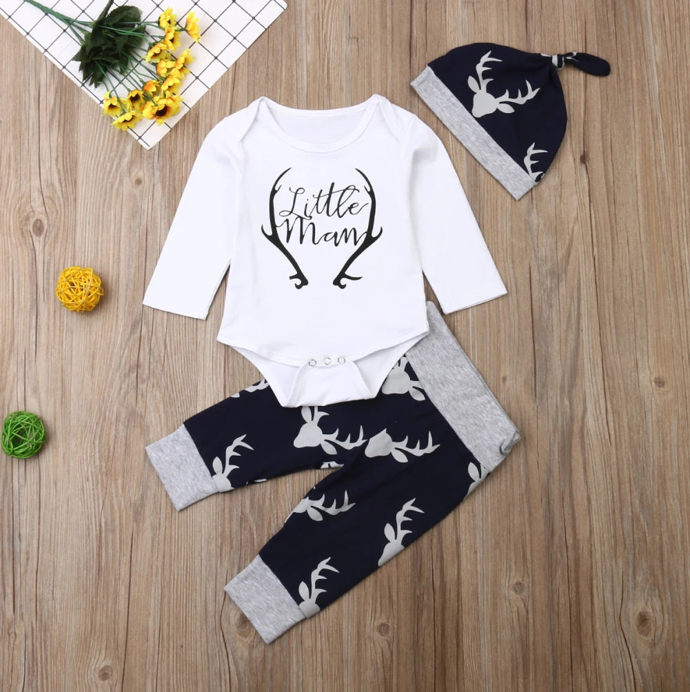 Winter Christmas 3PCS Newborn Baby Boy Clothes Set Costume Little Man Romper Deer Leggings Hat Warm Outfit Infant Clothes