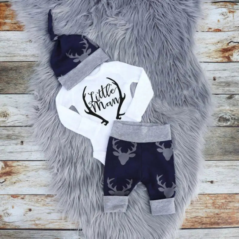 Winter Christmas 3PCS Newborn Baby Boy Clothes Set Costume Little Man Romper Deer Leggings Hat Warm Outfit Infant Clothes