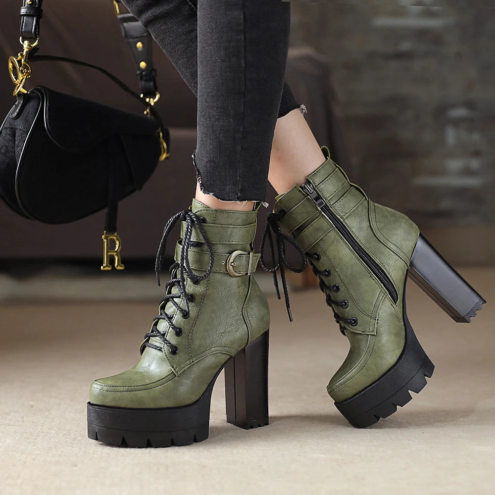 Black Platform Combat Ankle Boots For Women Round Toe Buckle Strap Woman Lace Up Shoes Winter Biker Boot Motorcycle Bottes 41 42