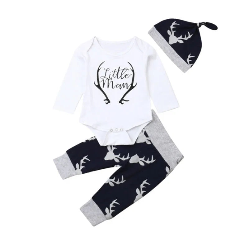 Winter Christmas 3PCS Newborn Baby Boy Clothes Set Costume Little Man Romper Deer Leggings Hat Warm Outfit Infant Clothes