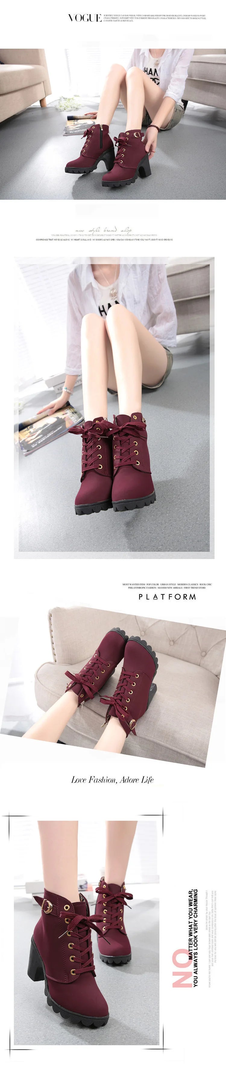 Boots Women Shoes Women Fashion High Heel Lace Up Ankle Boots Ladies Buckle Platform Artificial Leather Shoes bota feminina2021