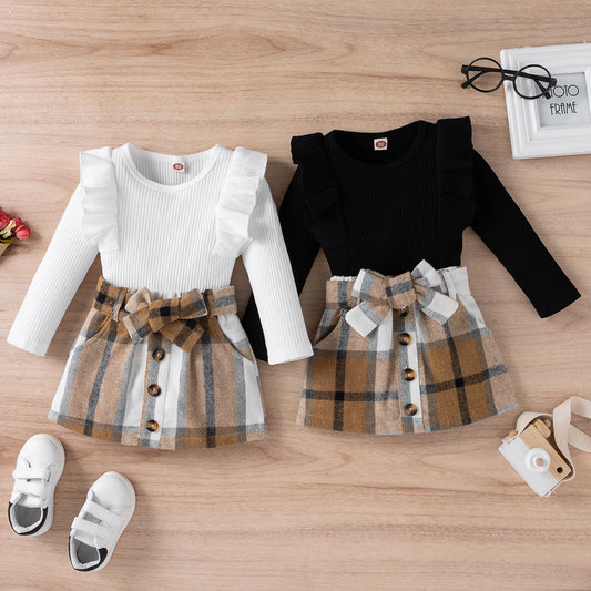Toddler Kids Girls 2 Pieces Outfit, Long Sleeve Knitted Ribbed Solid Color Tops + Bowknot Buttons Plaid Mini Skirt Set 9M-4T