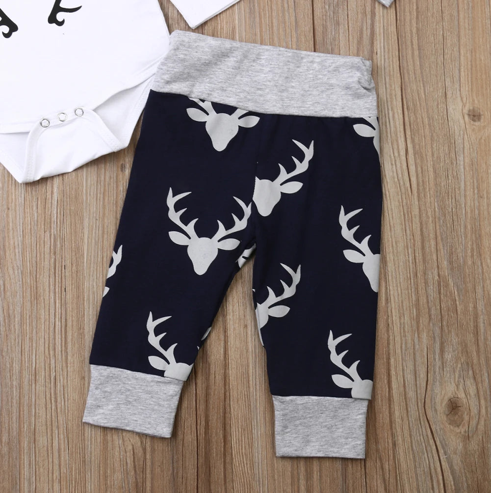 Winter Christmas 3PCS Newborn Baby Boy Clothes Set Costume Little Man Romper Deer Leggings Hat Warm Outfit Infant Clothes