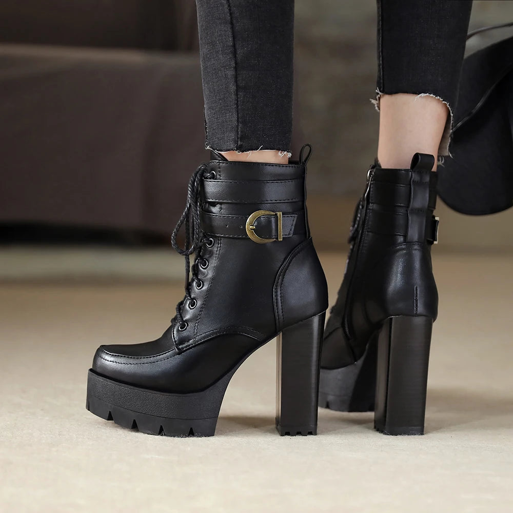 Black Platform Combat Ankle Boots For Women Round Toe Buckle Strap Woman Lace Up Shoes Winter Biker Boot Motorcycle Bottes 41 42