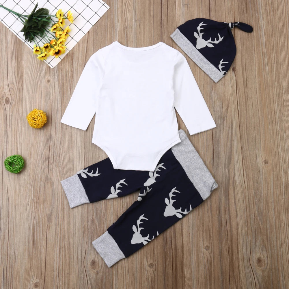 Winter Christmas 3PCS Newborn Baby Boy Clothes Set Costume Little Man Romper Deer Leggings Hat Warm Outfit Infant Clothes