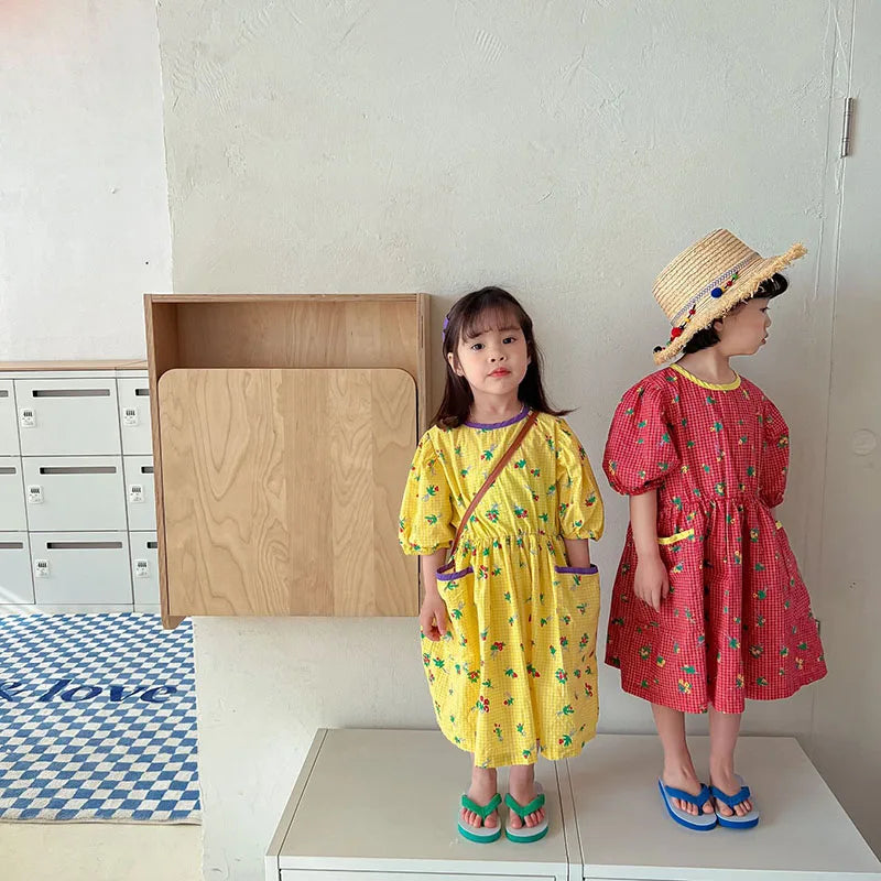 Kids Dresses Floral Girls Dress for Girls Short  Sleeve Kids Clothing