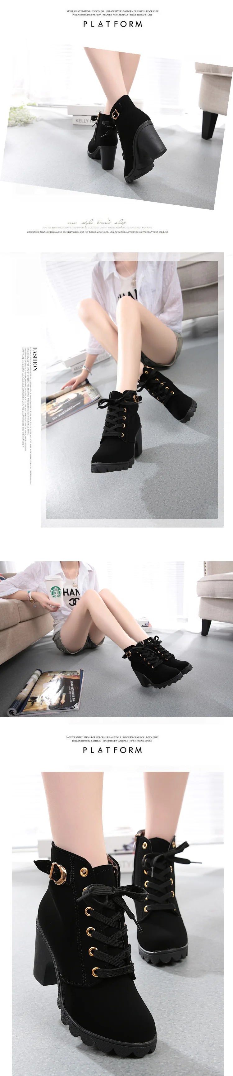 Boots Women Shoes Women Fashion High Heel Lace Up Ankle Boots Ladies Buckle Platform Artificial Leather Shoes bota feminina2021