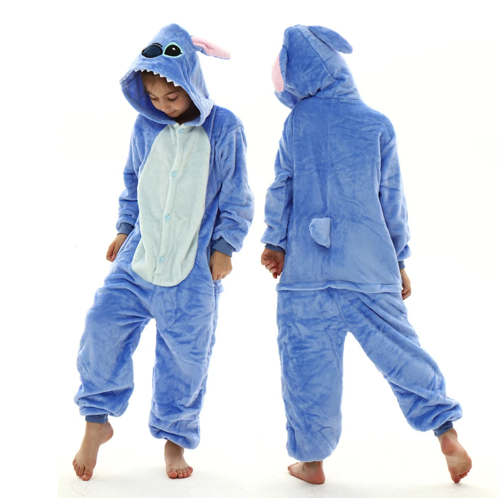 Disney Cartoon Stitch Plush Flannel Pajamas Baby Boy One-Piece Suit Cothes Set Long-Sleeved Winter Soft Warm Home Clothes Casual
