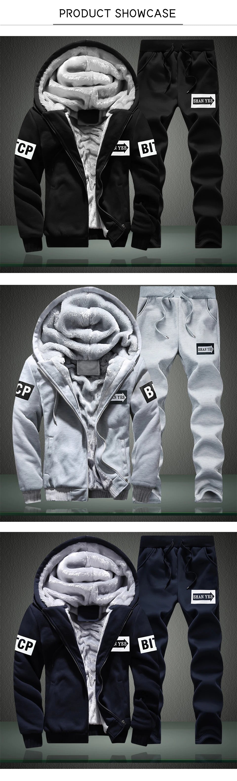 New Fleece Men Set Fashion Brand Tracksuit Lined Thick Sweatshirt + Pants Sportswear Suit Male Winter Warm Hooded Outerwear Suit