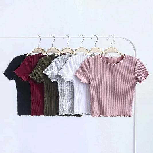 Vintage Wood ears O neck Short sleeve T-shirt 2025 New Woman Slim Fit t shirt tight tee Summer Retro Tops 6 colors