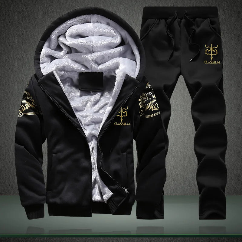 New Fleece Men Set Fashion Brand Tracksuit Lined Thick Sweatshirt + Pants Sportswear Suit Male Winter Warm Hooded Outerwear Suit
