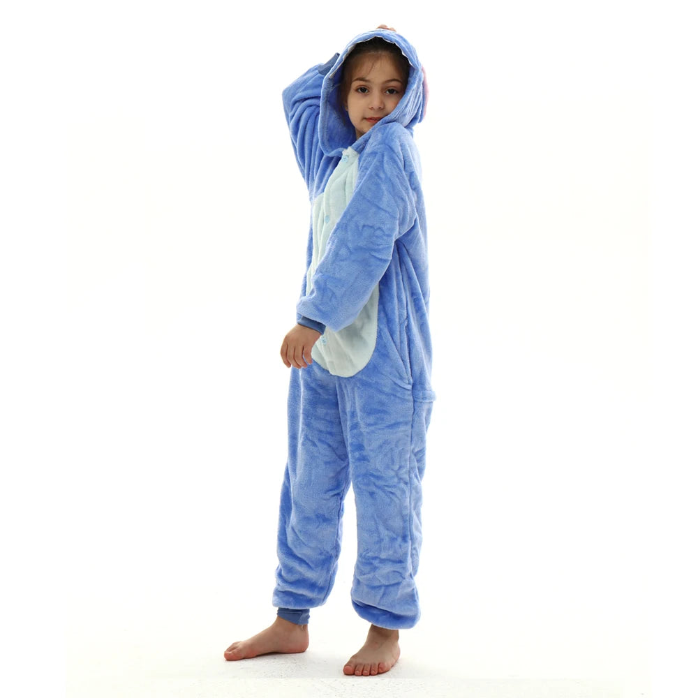 Disney Cartoon Stitch Plush Flannel Pajamas Baby Boy One-Piece Suit Cothes Set Long-Sleeved Winter Soft Warm Home Clothes Casual