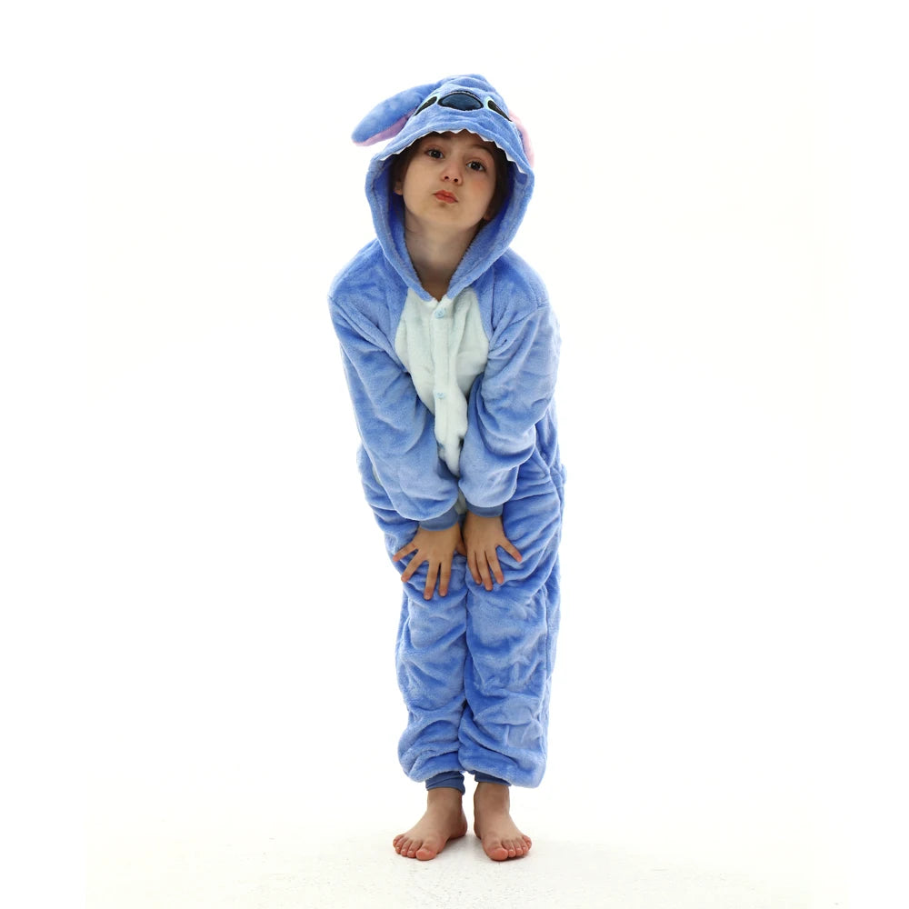 Disney Cartoon Stitch Plush Flannel Pajamas Baby Boy One-Piece Suit Cothes Set Long-Sleeved Winter Soft Warm Home Clothes Casual