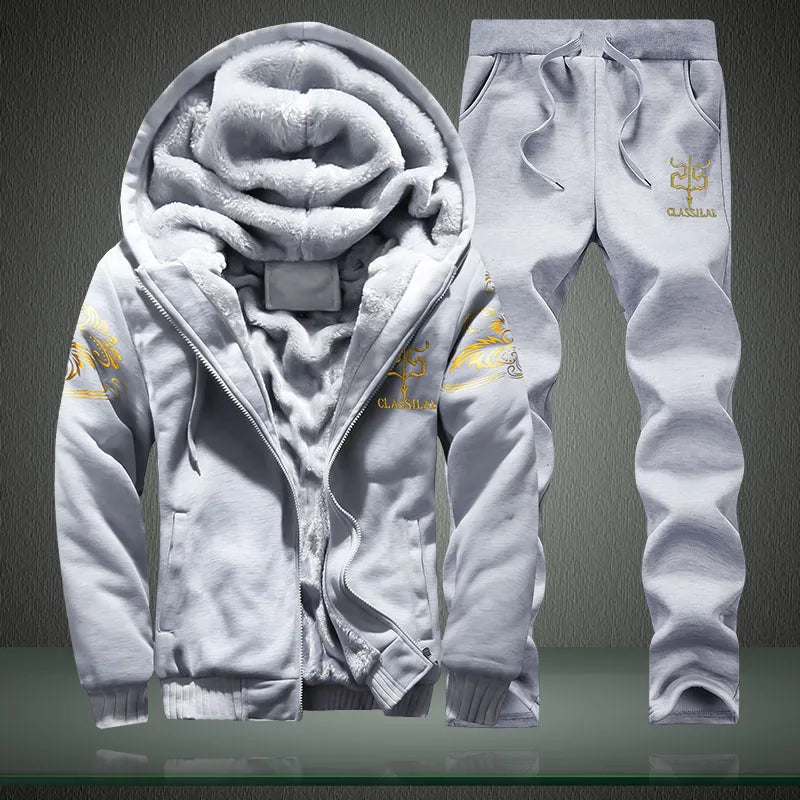 New Fleece Men Set Fashion Brand Tracksuit Lined Thick Sweatshirt + Pants Sportswear Suit Male Winter Warm Hooded Outerwear Suit
