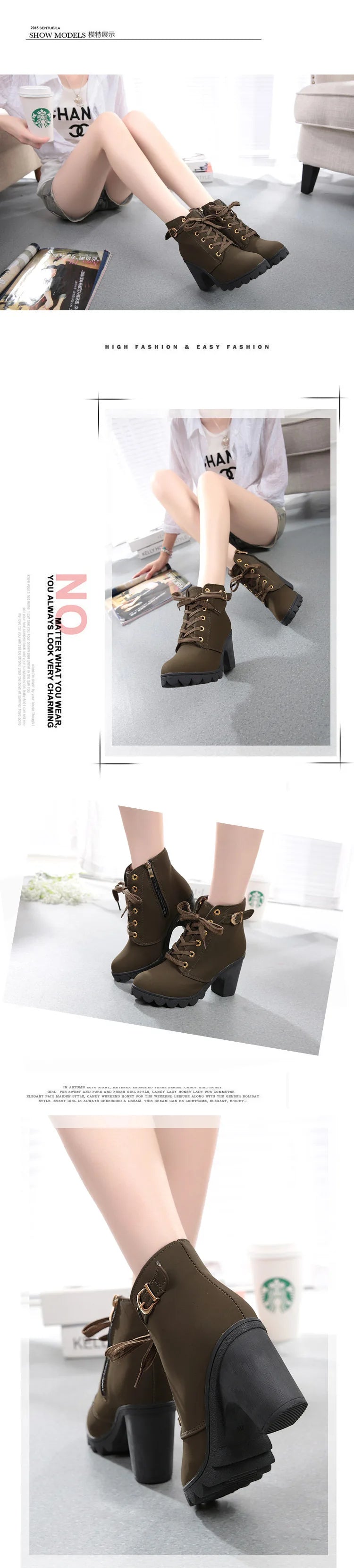 Boots Women Shoes Women Fashion High Heel Lace Up Ankle Boots Ladies Buckle Platform Artificial Leather Shoes bota feminina2021