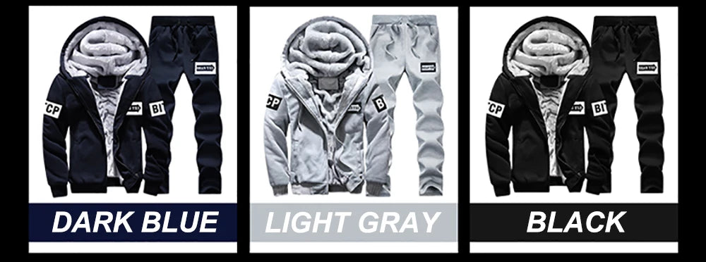New Fleece Men Set Fashion Brand Tracksuit Lined Thick Sweatshirt + Pants Sportswear Suit Male Winter Warm Hooded Outerwear Suit