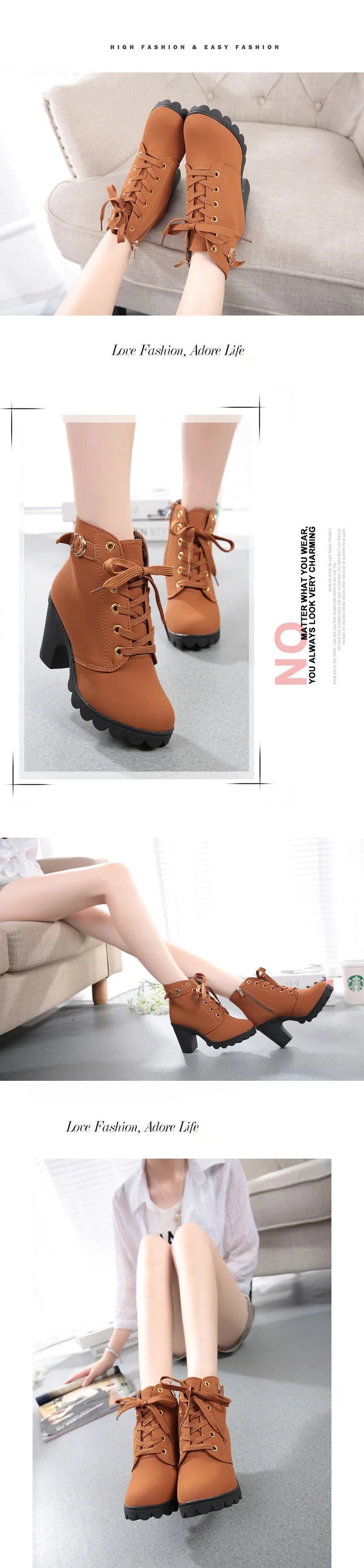 Boots Women Shoes Women Fashion High Heel Lace Up Ankle Boots Ladies Buckle Platform Artificial Leather Shoes bota feminina2021