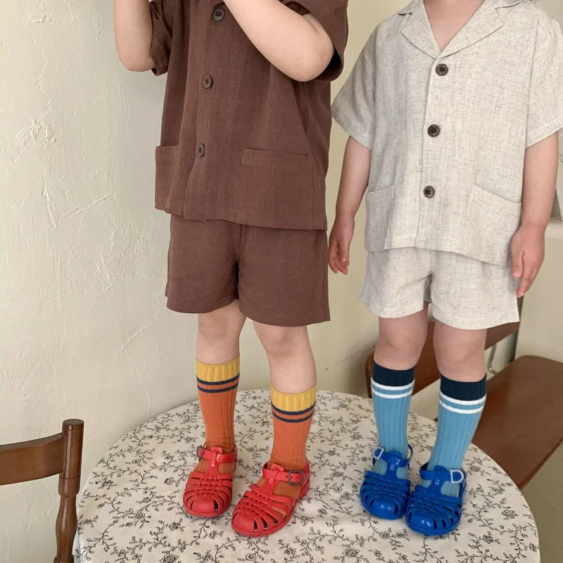 Baby Boy Girl Clothes Sets Shirt+Short Linen Summer Infant Toddler Child Homesuit Button Short Sleeve Baby Clothes 1-7Y