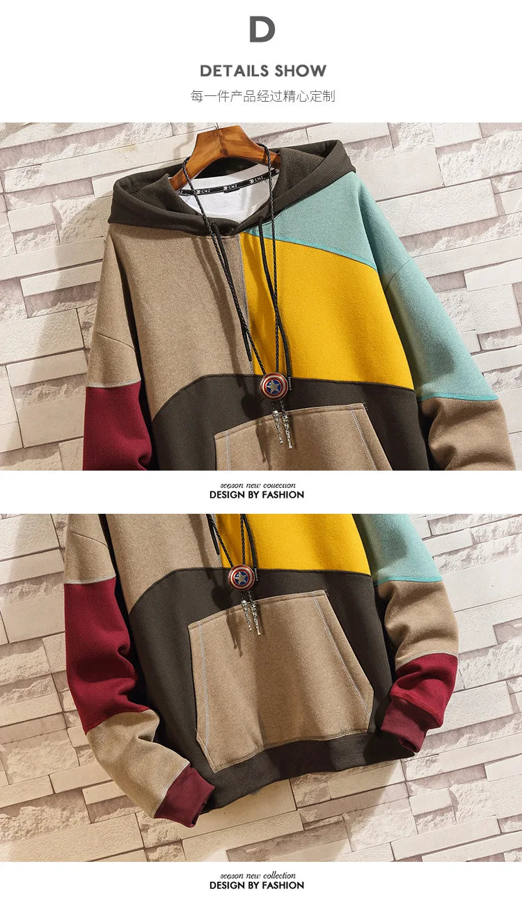 Hoodies Men Autumn Winter Casual Loose Fashion Mans Beggar Punk Hip Pop Patchwork Velvet Pullover Couples Male Moda Streetwear