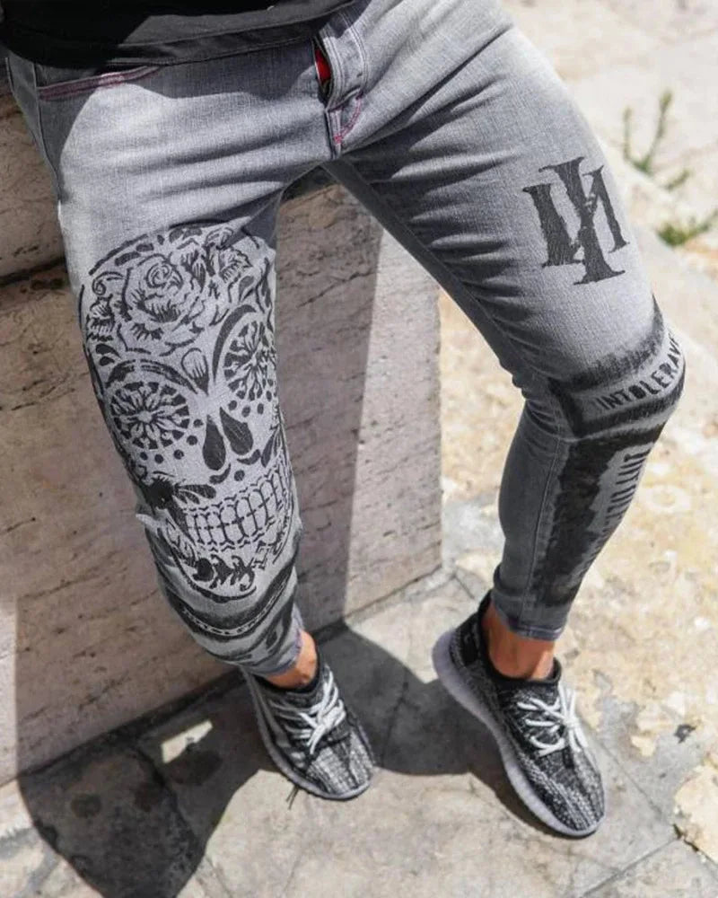 Trendy Men's Stretch Jeans Casual Pants Slim Printed Gray Jeans Men Fashion Printed Jeans Men Pencil Pants Skinny Jeans Men