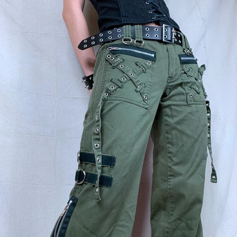 Y2k Women Green Zipper Jeans Grunge Punk Gothic Baggy Retro Bandage Long Pants Low Rise Cargo Korean Female Sweatpants