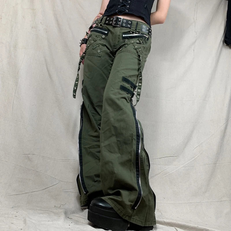Y2k Women Green Zipper Jeans Grunge Punk Gothic Baggy Retro Bandage Long Pants Low Rise Cargo Korean Female Sweatpants