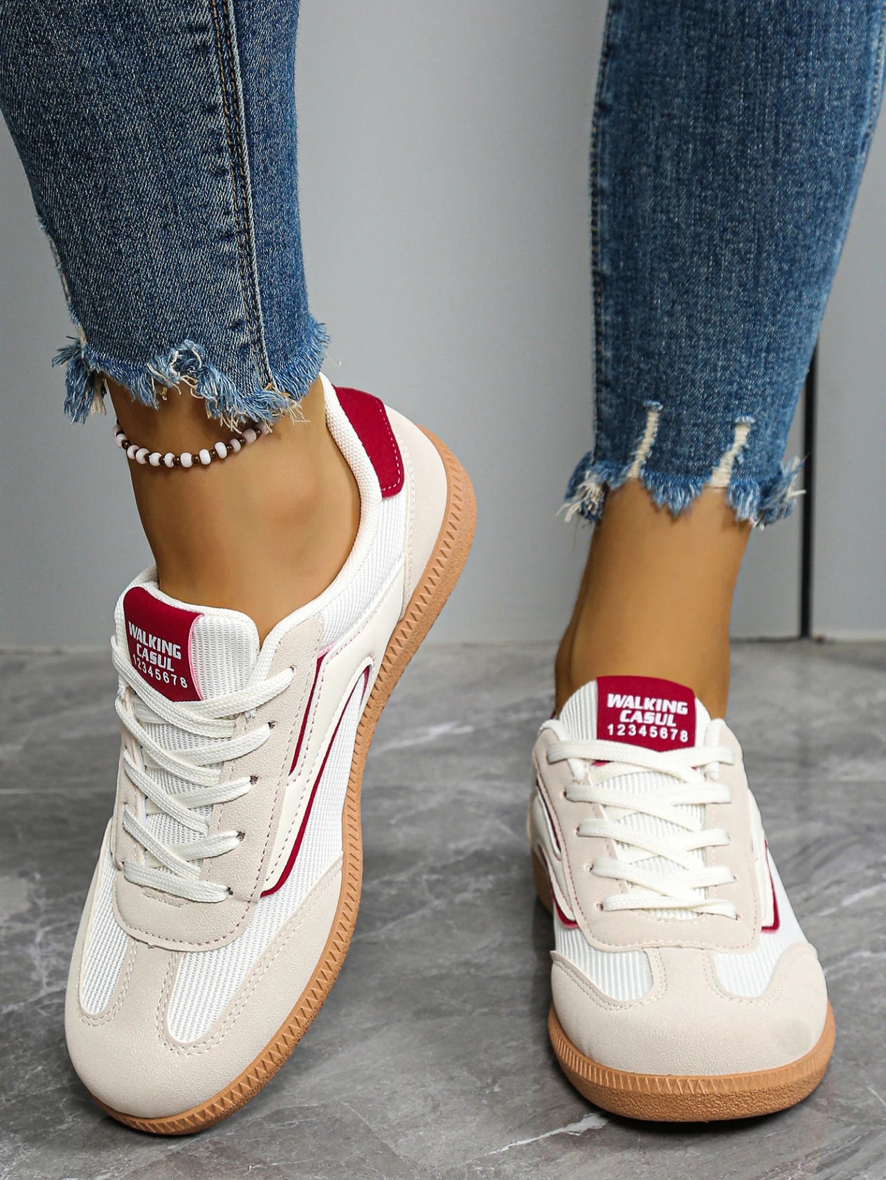 White Shoes for Women, Comfortable and Casual, Flat-Soled, Round-Toe, Lace-Up Women's Shoes, All-Season Color-Blocked Single Shoes