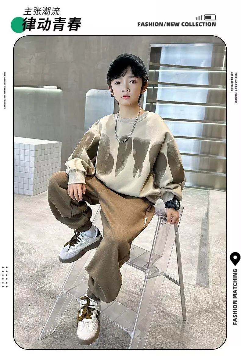 2025  winter autumn Boys Clothes Set cotton loose Sweatshirt hooded + Pants Tracksuits Kids Suit Children 4 8 9 10 11 12 14 Year