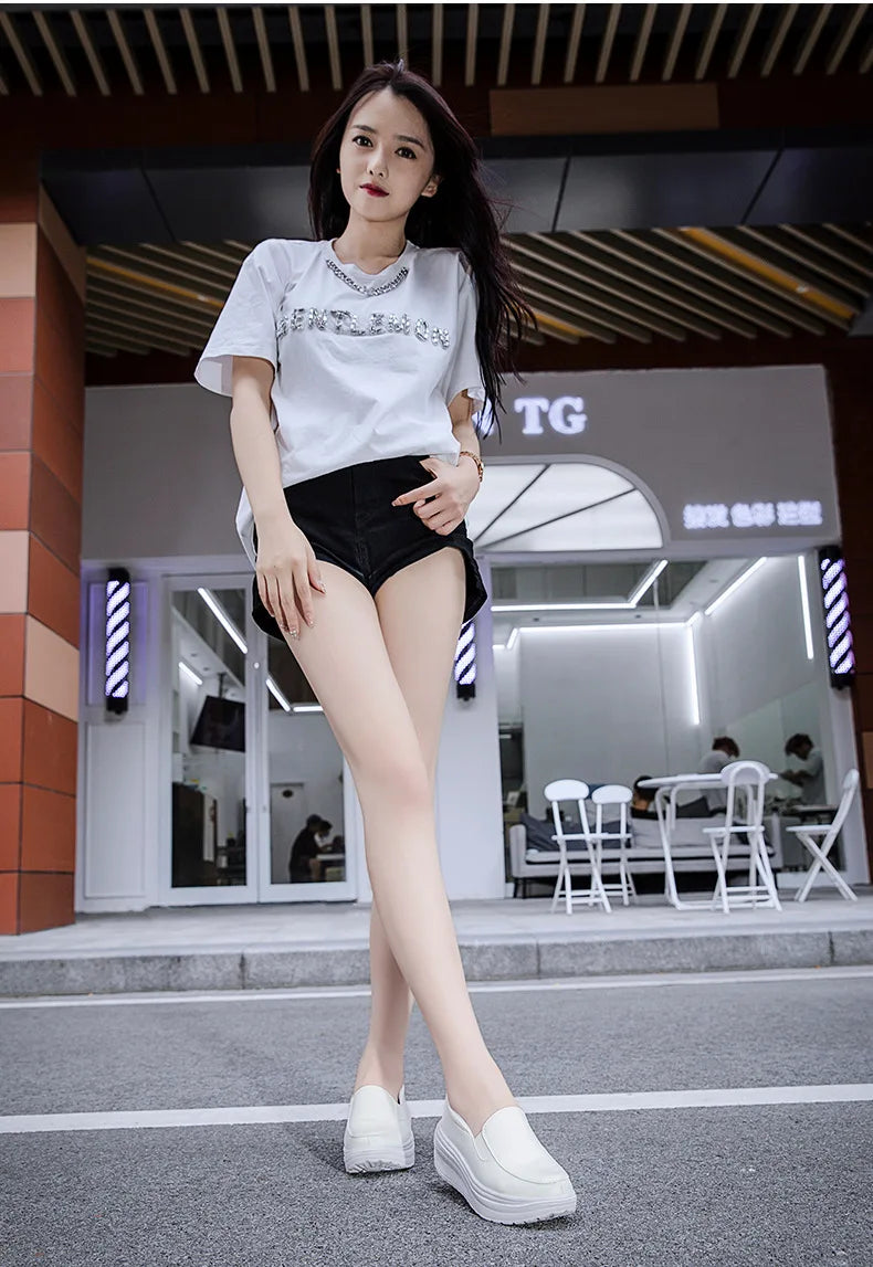 Women's Shoes Spring Genuine Leather Soft Outsole Work Shoes Female Black Swing Shoes Woman Plus Size Wedges Single Shoes