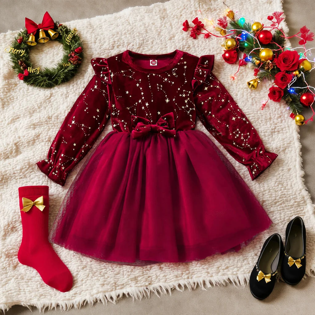 Girl Dress Autumn Winter Velvet Long Sleeved Mesh Bow Princess Dress Children's New Year Children Party Festive Dress For Girl