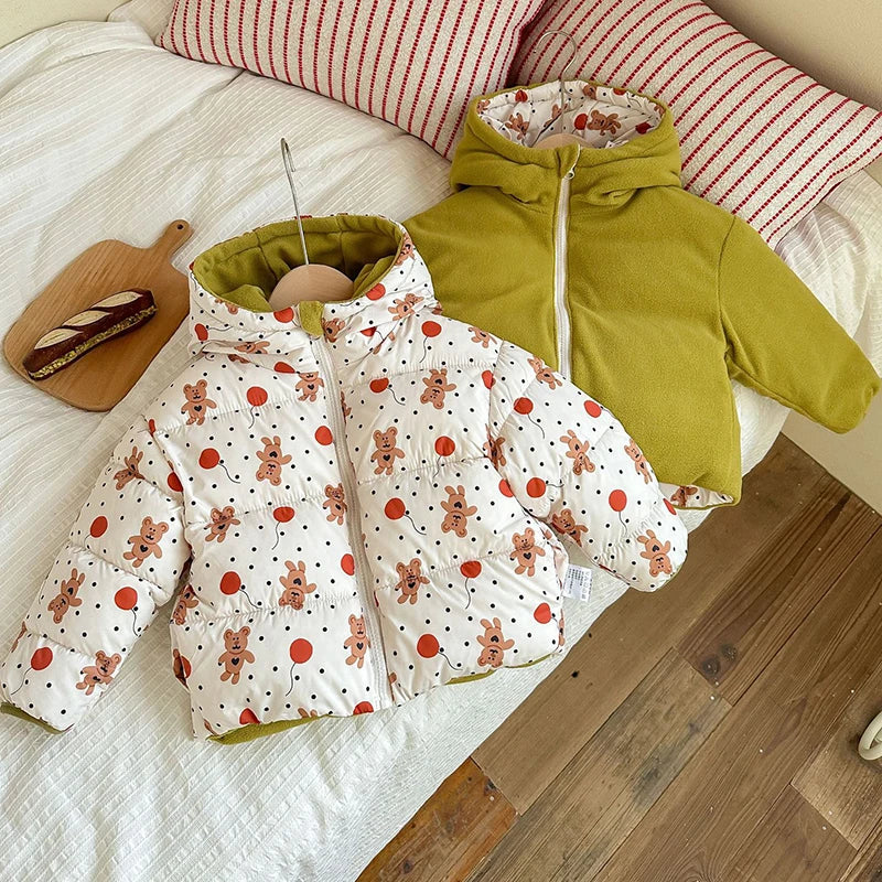 Can Be Worn On Both Sides Autumn Winter Boys Girls Jacket Cute Rabbit Ears Thicken Keep Warm Hooded Down Cotton Outwear For Kids