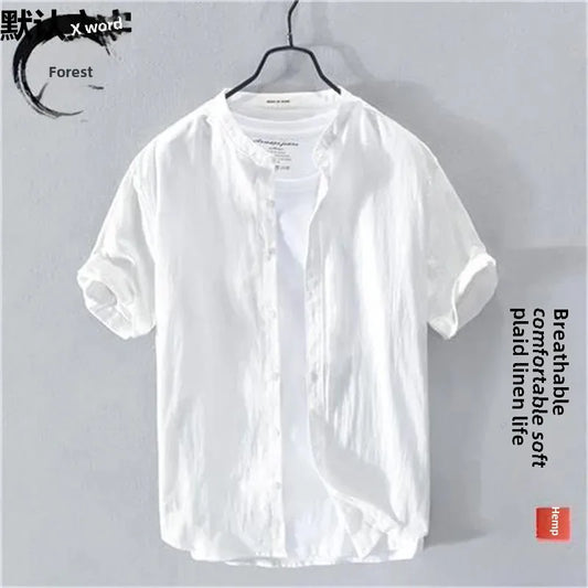 Japanese Style Loose Fit Lightweight Short Sleeve Linen Shirt round Neck Summer Casual Menswear White Cotton Linen Blend